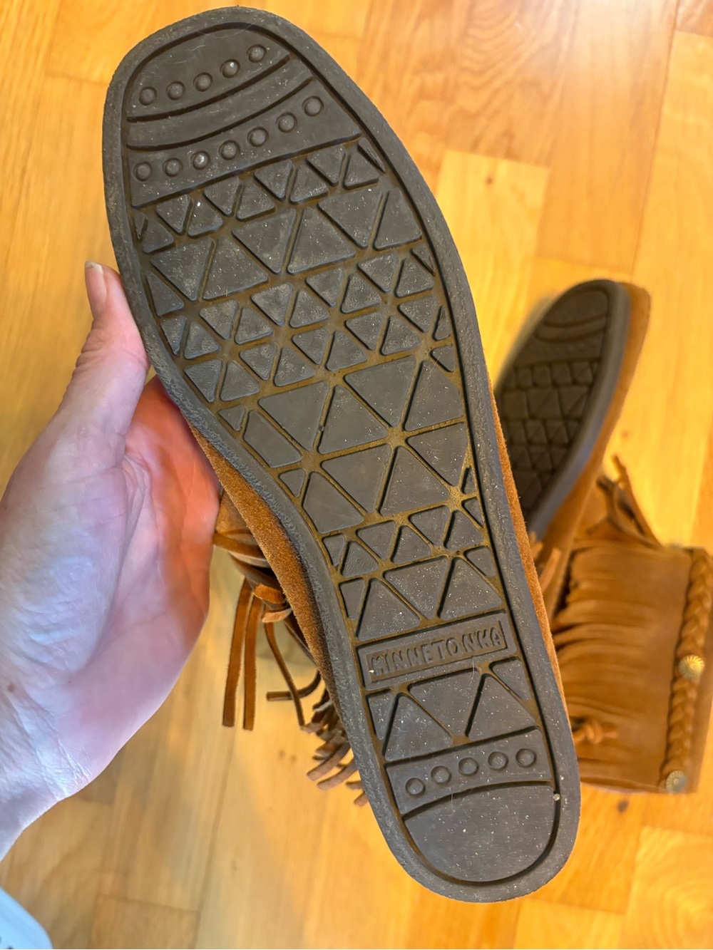 Minnetonka Chestnut Brown Fringe Moccasin Booties - Picture 3 of 4